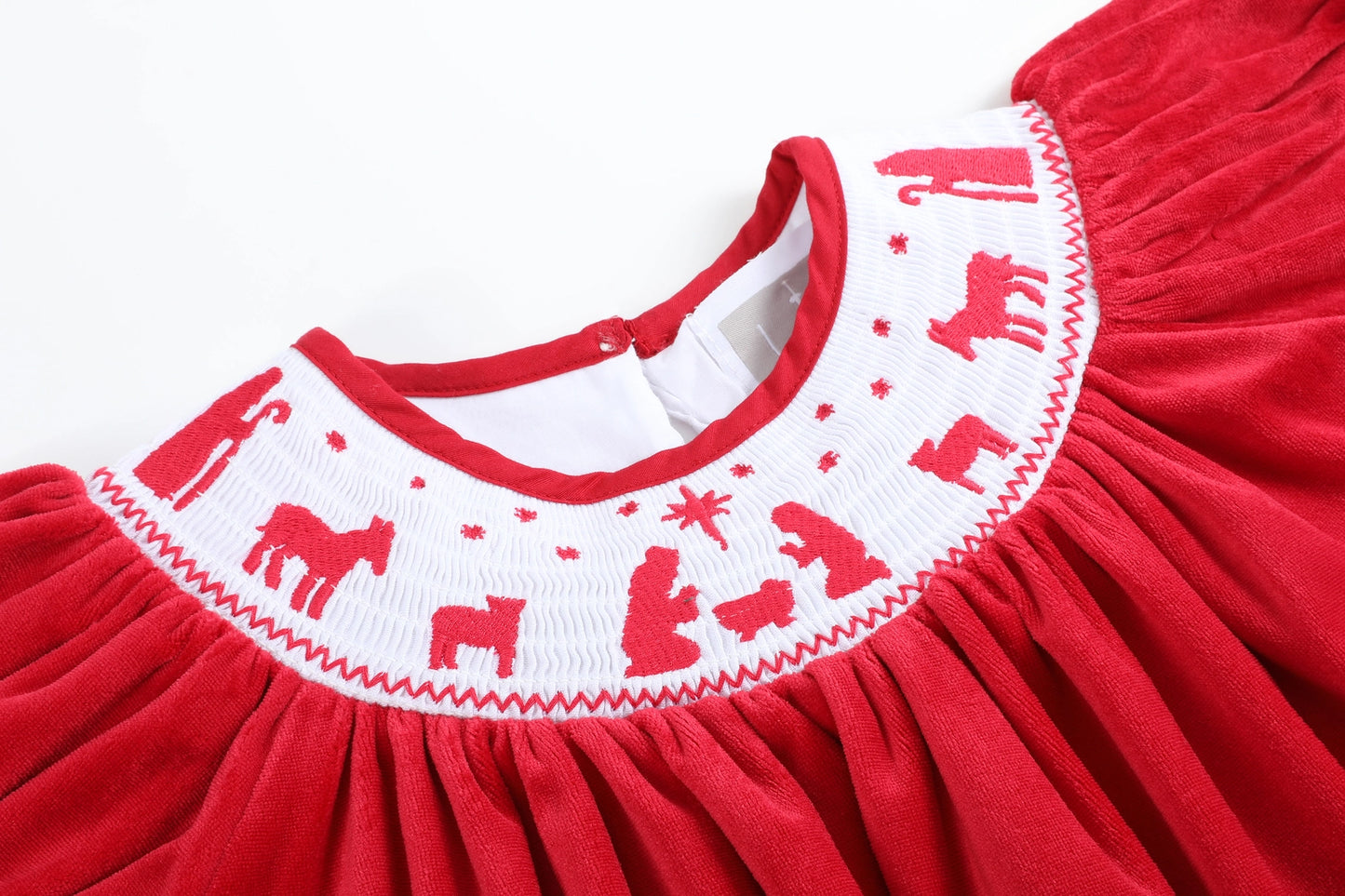 Red Velvet Christmas Nativity Smocked Bishop Dress