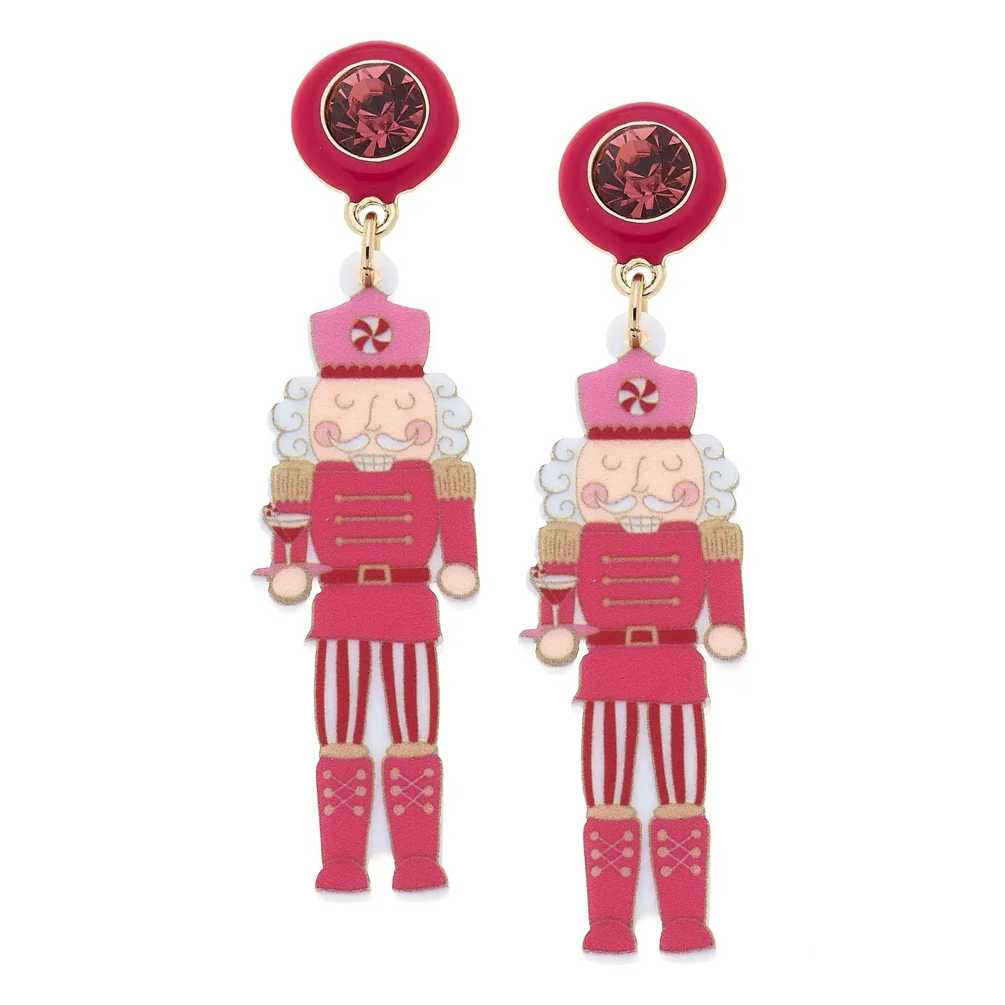 Rhinestone Resin Nutcracker Earrings in Fuchsia & White
