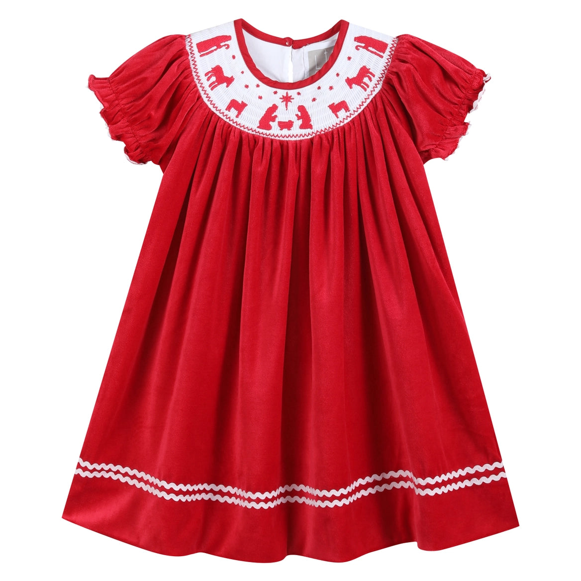 Red Velvet Christmas Nativity Smocked Bishop Dress