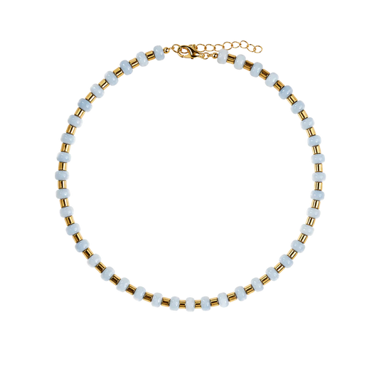 Denim Gemstone Necklace with Gold Hammered Accents