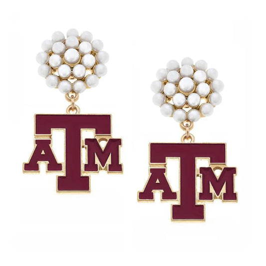 Texas A&M Aggies Pearl Cluster Enamel Drop Earrings