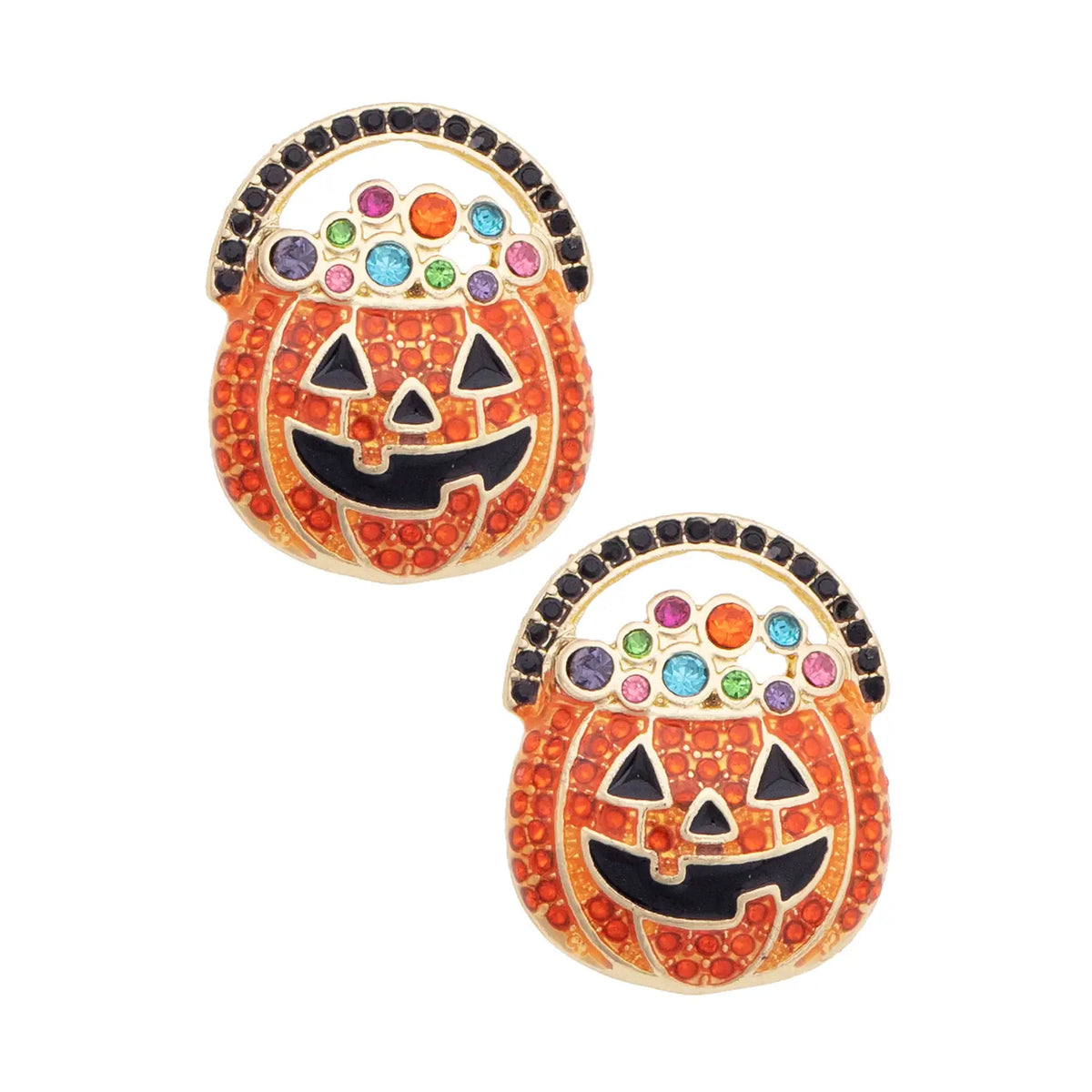 Bejeweled Jack-O'-Lantern Stud Earrings in Orange & Black