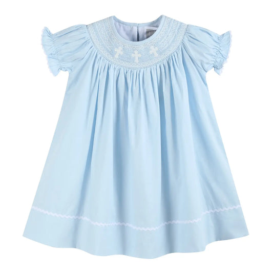 Light Blue Crosses Smocked Bishop Dress