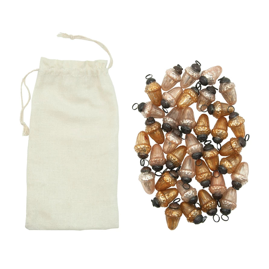 Mercury Glass Acorn Shaped Ornaments in Muslin Bag, Set of 36
