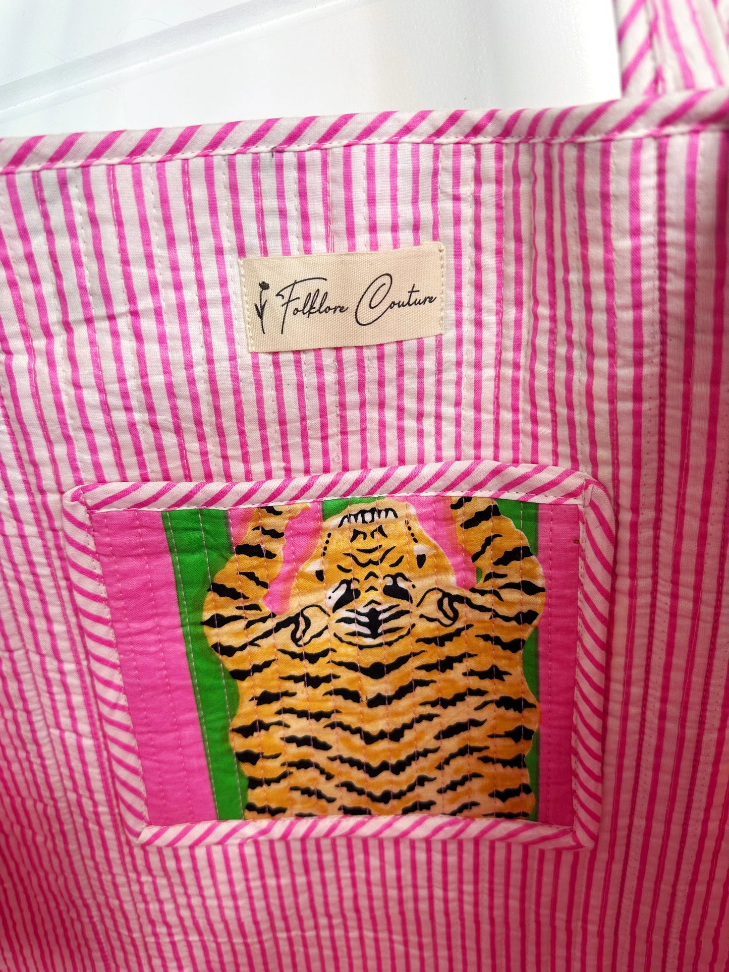 Cotton Quilted Large Shopping Tote Bags - Green Pink Tigers