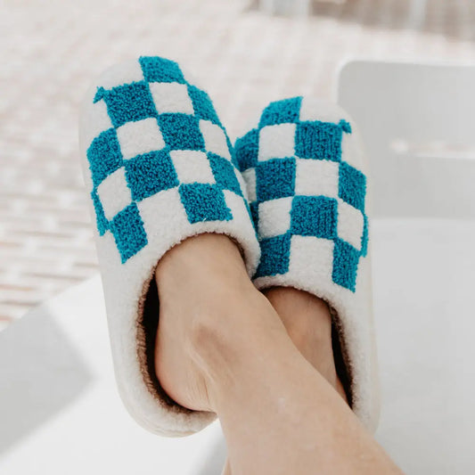 Teal Checkered Pattern Slippers