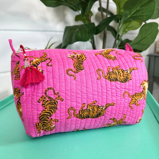 Cosmetics Bag | Quilted Makeup Bags | Toiletry Bag | Pink Tigers