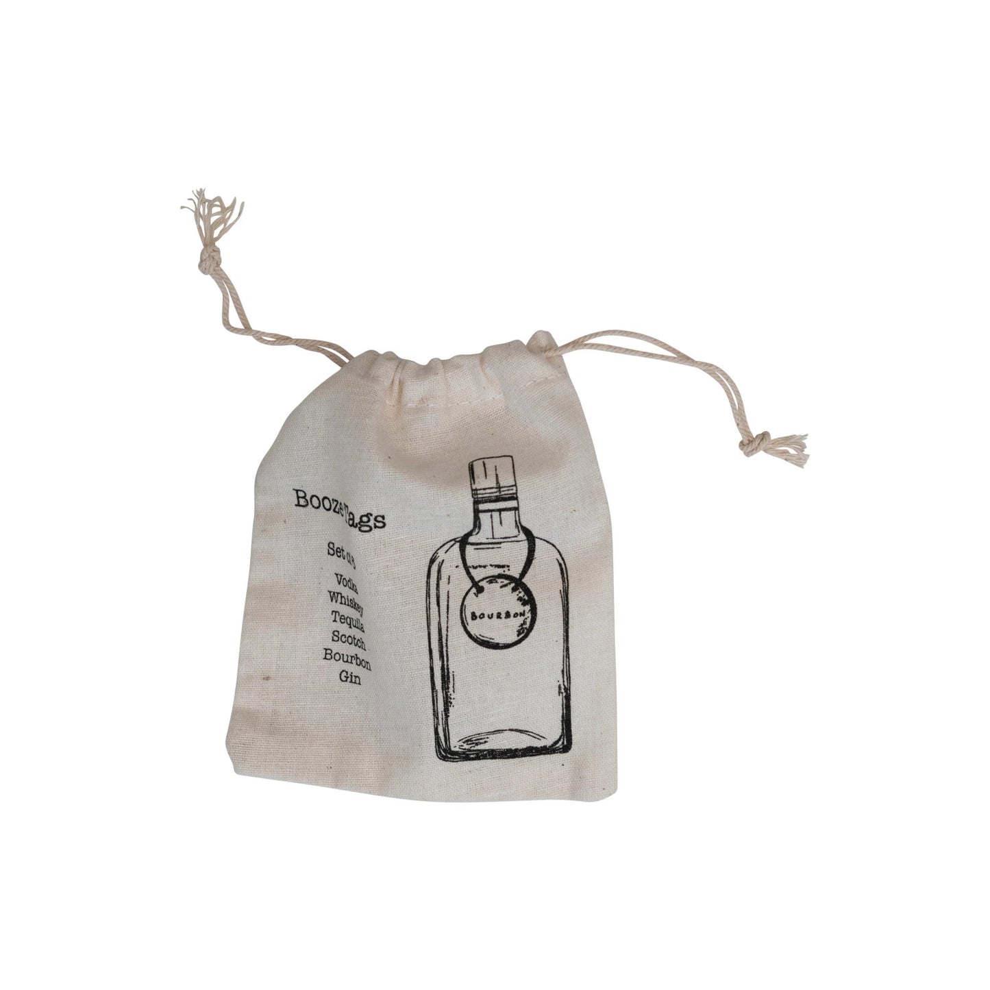 Metal Bottle Tag w/ Leather Tie, Set of 6 in Printed Drawstring Bag