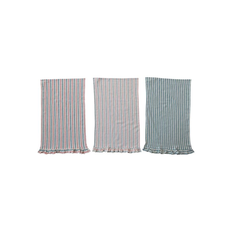 Woven Cotton Tea Towel w/ Stripes & Ruffle