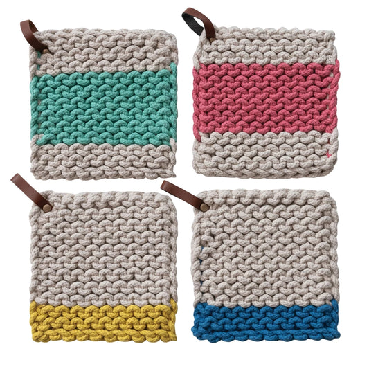 Cotton Crocheted Pot Holder with Leather Loop