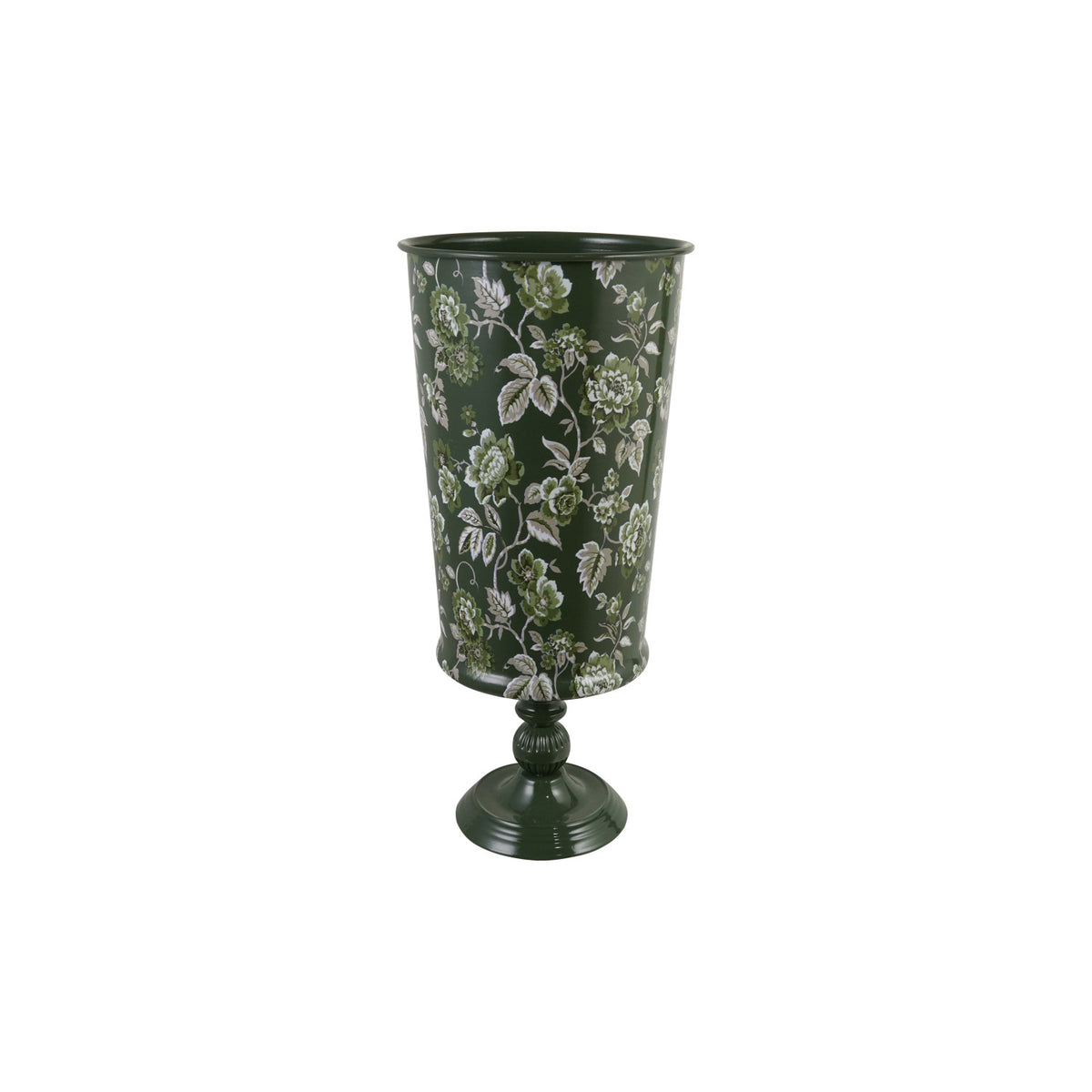 Metal Footed Vase with Floral Pattern, Green, Grey & White