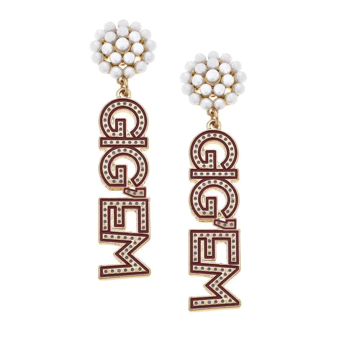 Gig 'em Pearl Cluster Drop Earrings in Maroon