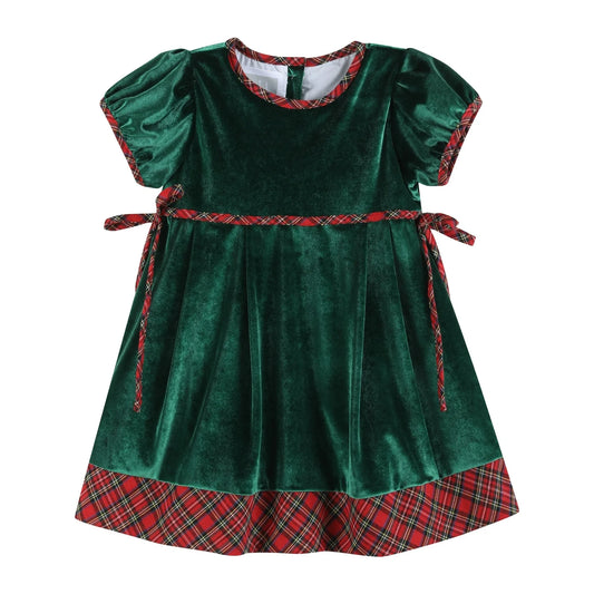 Green Velour Tartan Bows Dress