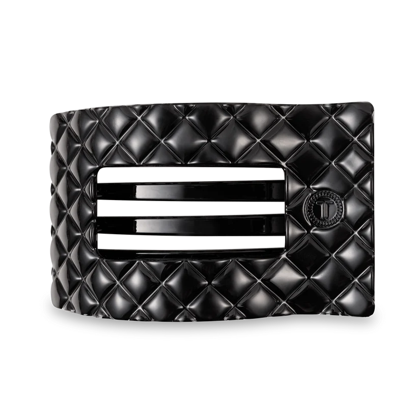 Jet Black Quilted Large Flat Rectangle Hair Clip