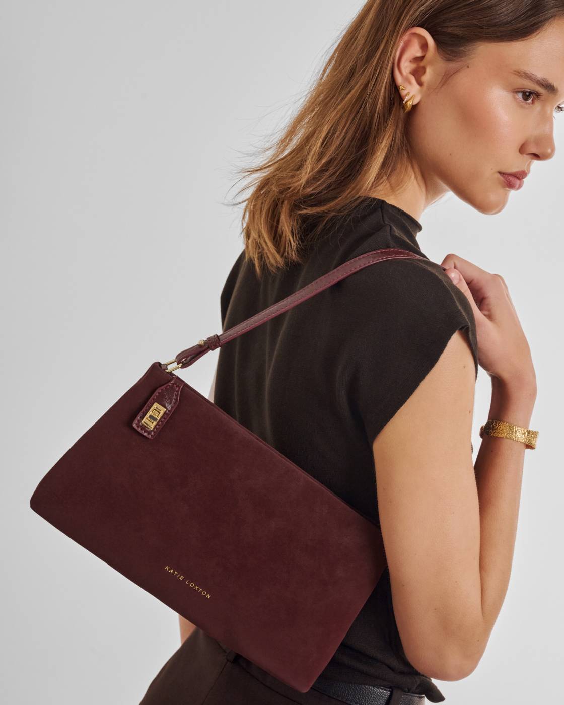 Orin Twist Lock Suedette Small Shoulder Bag l Cherry