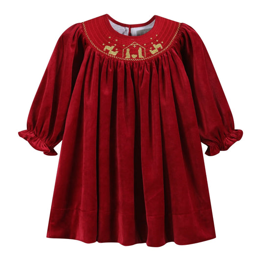 Red Velour Nativity Smocked Dress