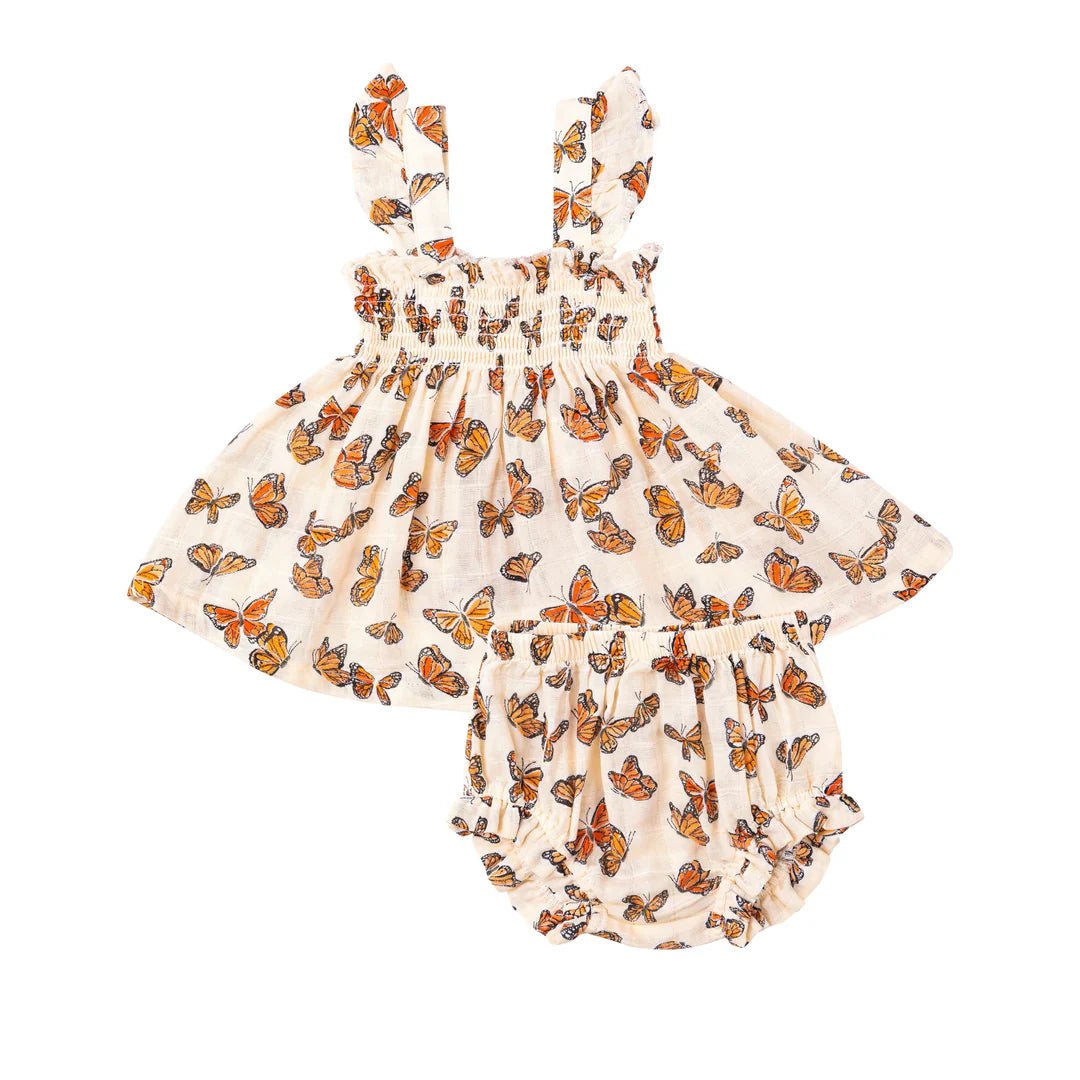 Ruffle Strap Smocked Top and Diaper Cover - Painted Monarch Butterflies