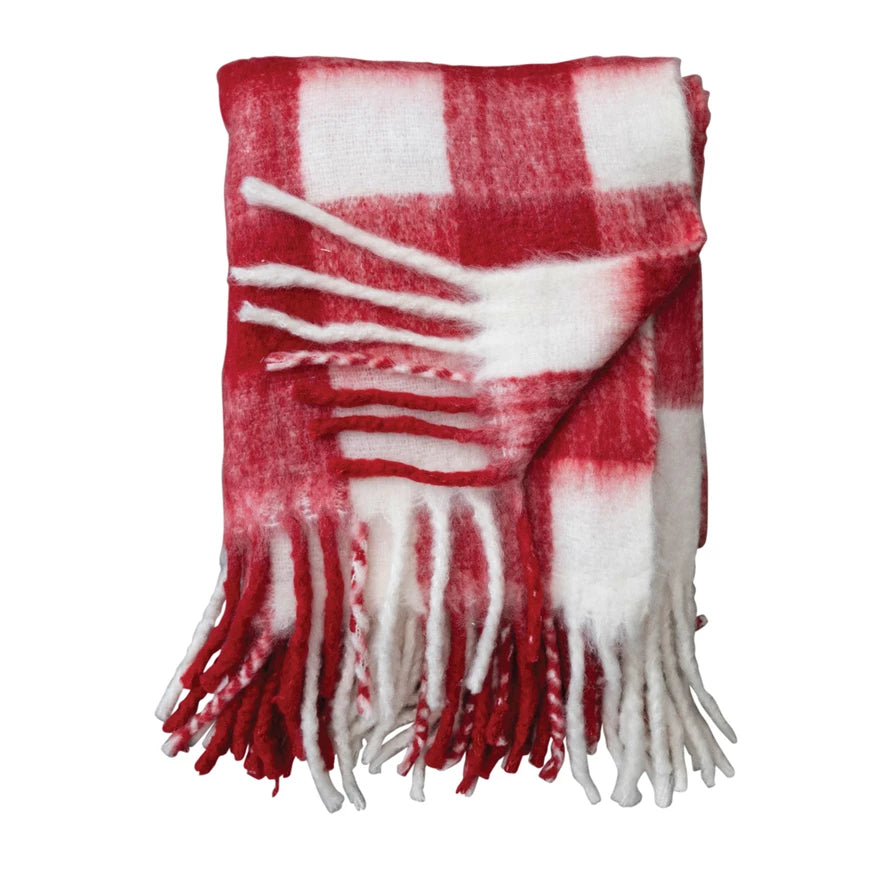 60"L x 50"W Woven Acrylic Throw w/ Fringe, Red & White Plaid