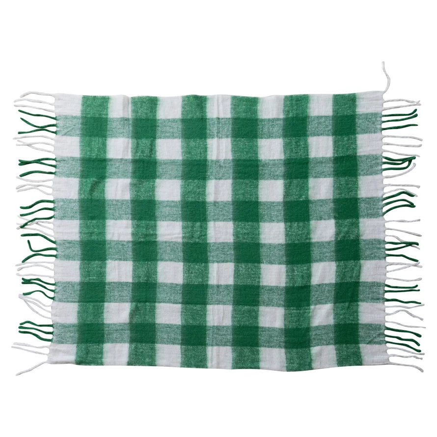 60"L x 50"W Woven Acrylic Throw with Fringe, Green & White Plaid