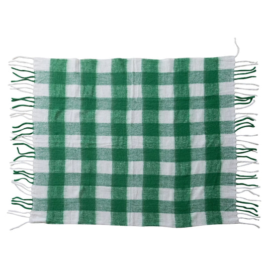 60"L x 50"W Woven Acrylic Throw with Fringe, Green & White Plaid
