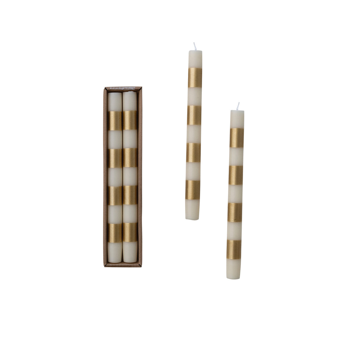 Unscented Taper Candles with Stripes in Box, Cream & Gold Color