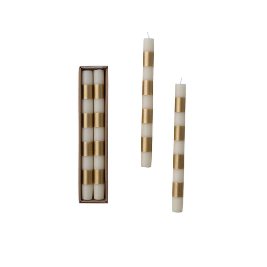 Unscented Taper Candles with Stripes in Box, Cream & Gold Color