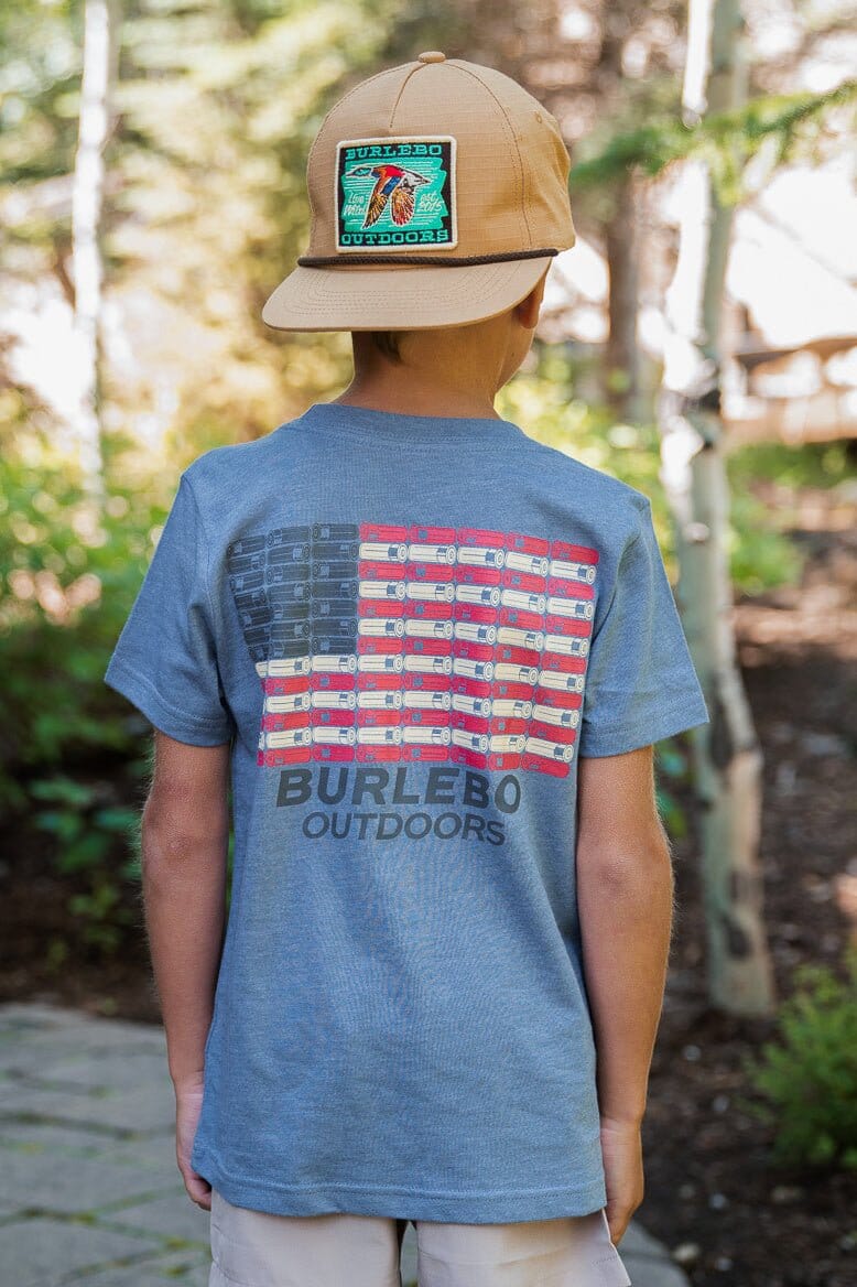 Youth Tee - Shotgun Shell Flag - SS - Heather Blue Jean