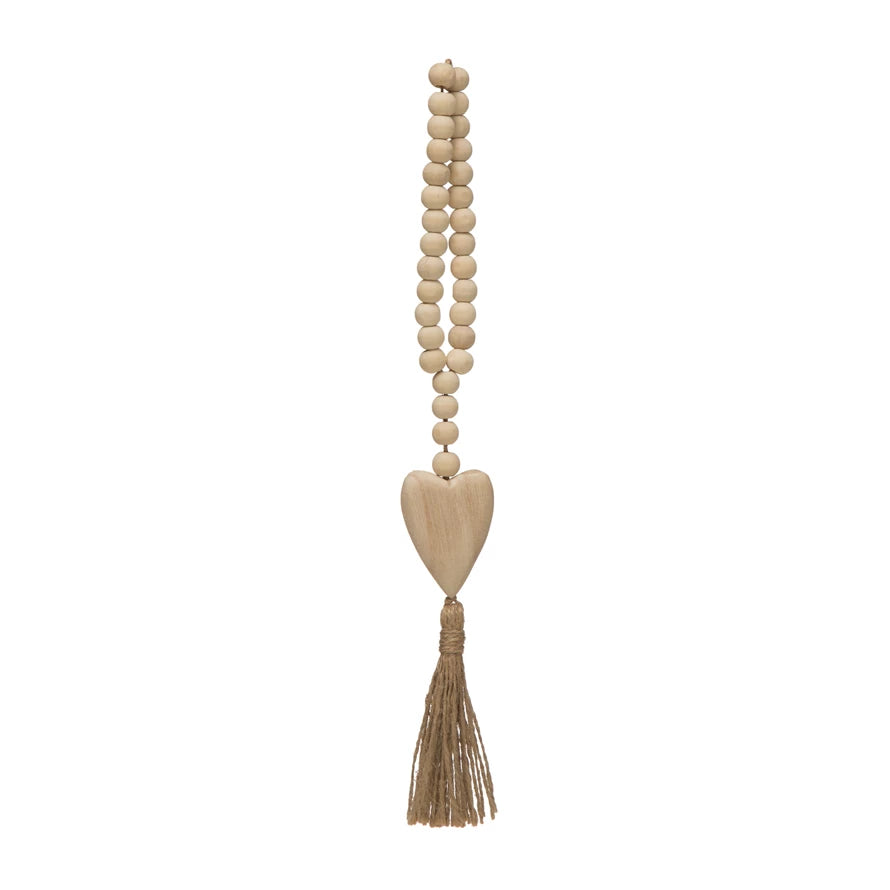 Wood Beads with Heart Icon and Jute Tassel