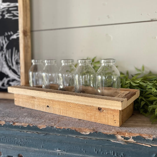 Set of Five Glass Bud Vases with Recycled Wood Base